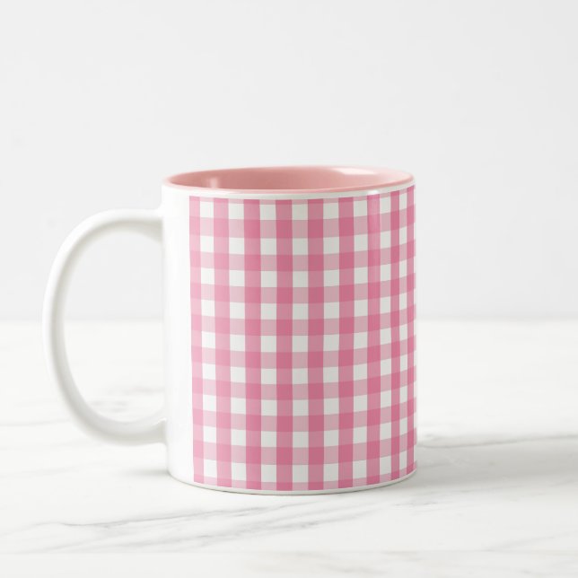 Pink Gingham Check Pattern Two-Tone Coffee Mug (Left)