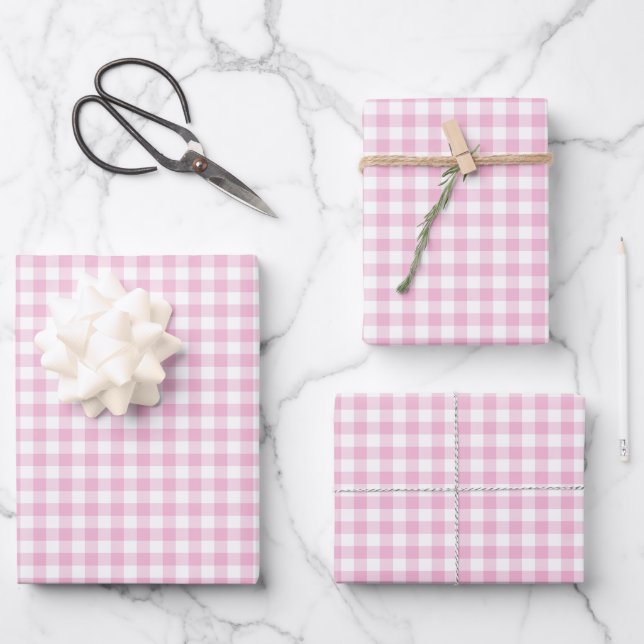 Pink Gingham Check Pattern Wrapping Paper Sheet (Front)