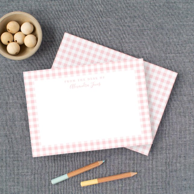 Pink Gingham Check Personal Stationery Note Card (Baby blush pink gingham check stationery is a sweet choice for your little girl.)