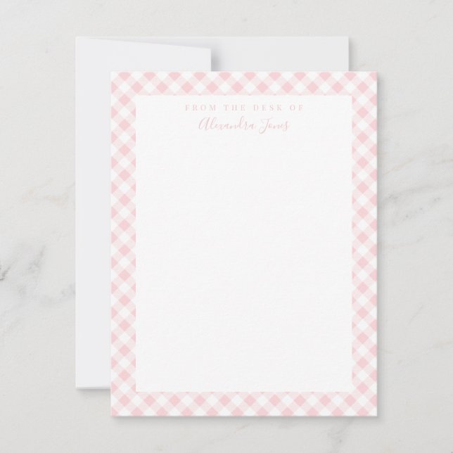 Pink Gingham Check Personal Stationery Note Card (Front)