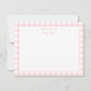 Pink Gingham check Personalised Flat Thank You Card