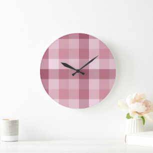 Pink Gingham Check Plaid Design Large Clock