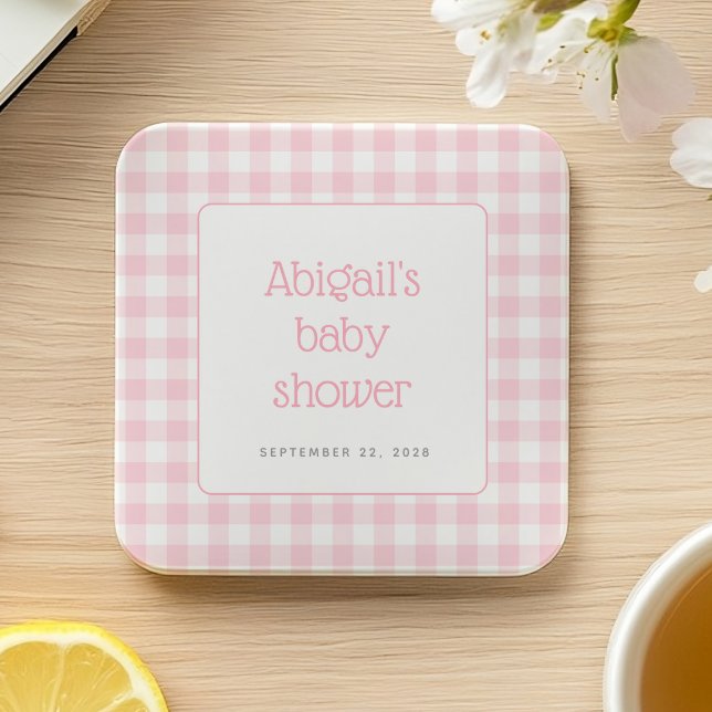 Pink Gingham Check Rustic Girls Baby Shower Square Paper Coaster (Creator Uploaded)