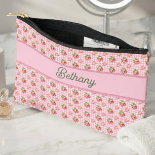 Pink Gingham Check Strawberry Pattern Accessory Pouch