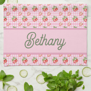 Pink Gingham Check Strawberry Pattern Tea Towel