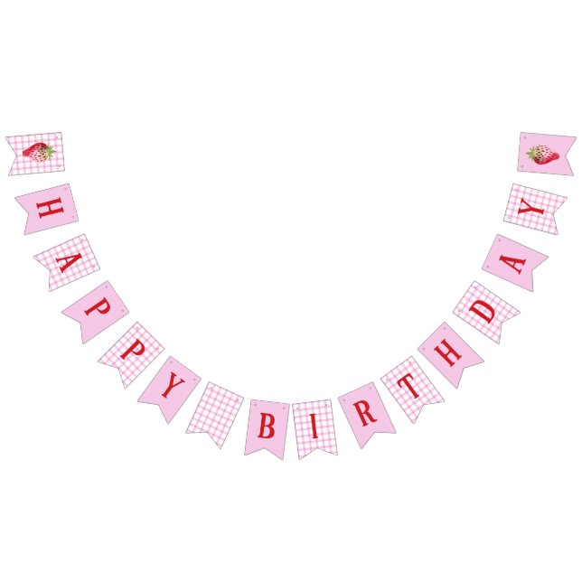 Pink Gingham Chequered Strawberry Birthday Bunting (All)