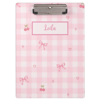 Pink Gingham Cherry Bow Script Name Design Clipboard