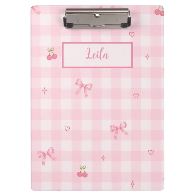 Pink Gingham Cherry Bow Script Name Design Clipboard (Front)