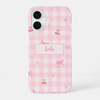 Pink Gingham Cherry Bow Script Name Design iPhone 16 Case