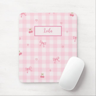 Pink Gingham Cherry Bow Script Name Design Mouse Mat
