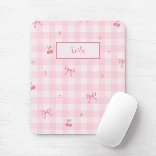 Pink Gingham Cherry Bow Script Name Design Mouse Mat (With Mouse)