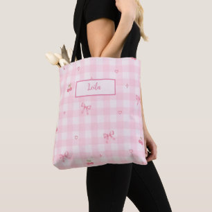 Pink Gingham Cherry Bow Script Name Design Tote Bag