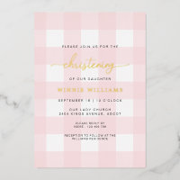 Pink Gingham Christening Foil Invitation