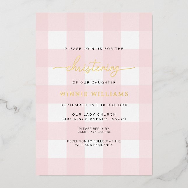 Pink Gingham Christening Foil Invitation (Front)