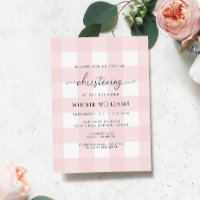 Pink Gingham Christening Invitation