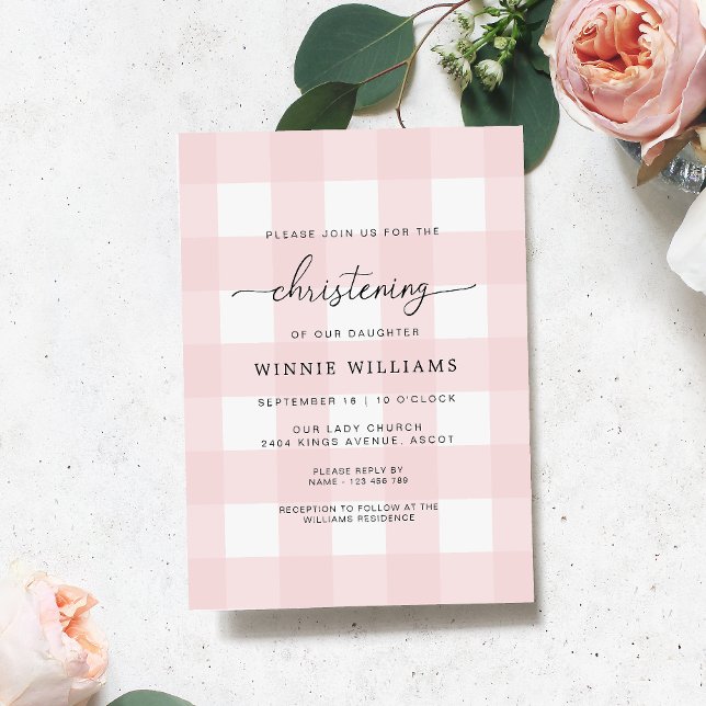 Pink Gingham Christening Invitation (Creator Uploaded)