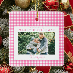 Pink Gingham Christmas 2 Photo Ceramic Ornament