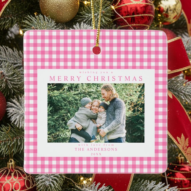 Pink Gingham Christmas 2 Photo Ceramic Ornament (Creator Uploaded)