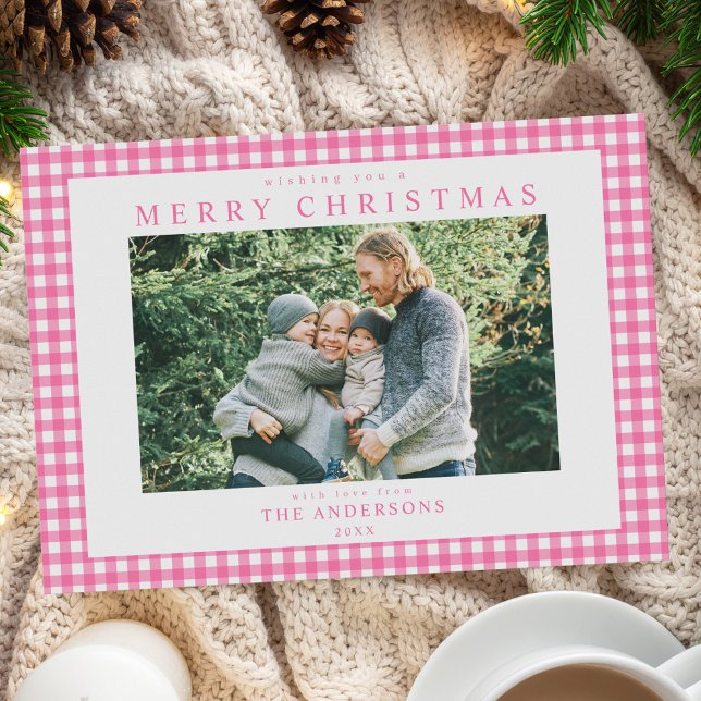 Pink Gingham Christmas Photo Holiday Card (Creator Uploaded)