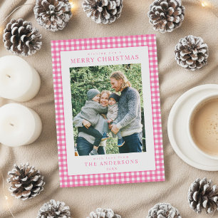 Pink Gingham Christmas Photo Holiday Card