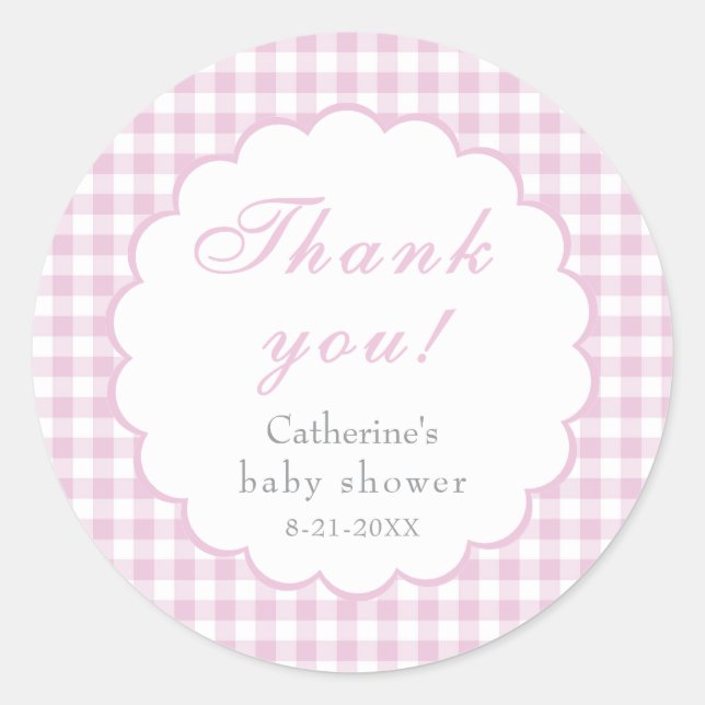Pink Gingham Classic Baby Shower Sticker (Front)