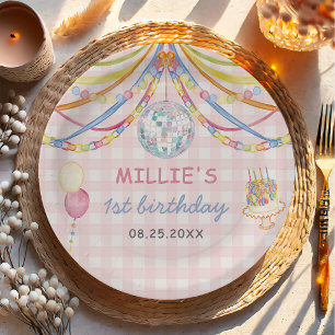 Pink Gingham Colourful Girl Birthday Party Paper Plate
