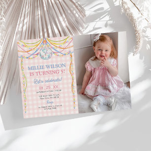 Pink Gingham Colourful Girl Birthday Party Photo Invitation