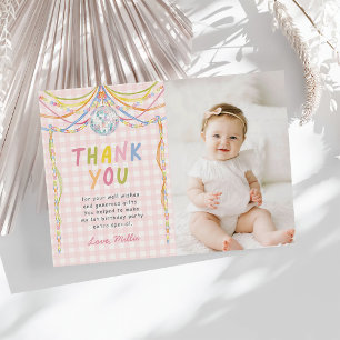Pink Gingham Colourful Girl Birthday Party Photo Thank You Card