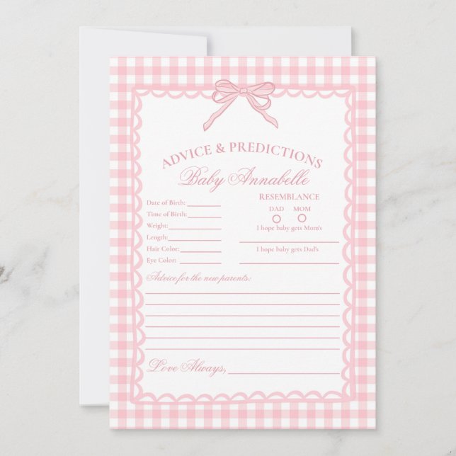 Pink Gingham Coquette Bow Advice for Baby Card (Front)