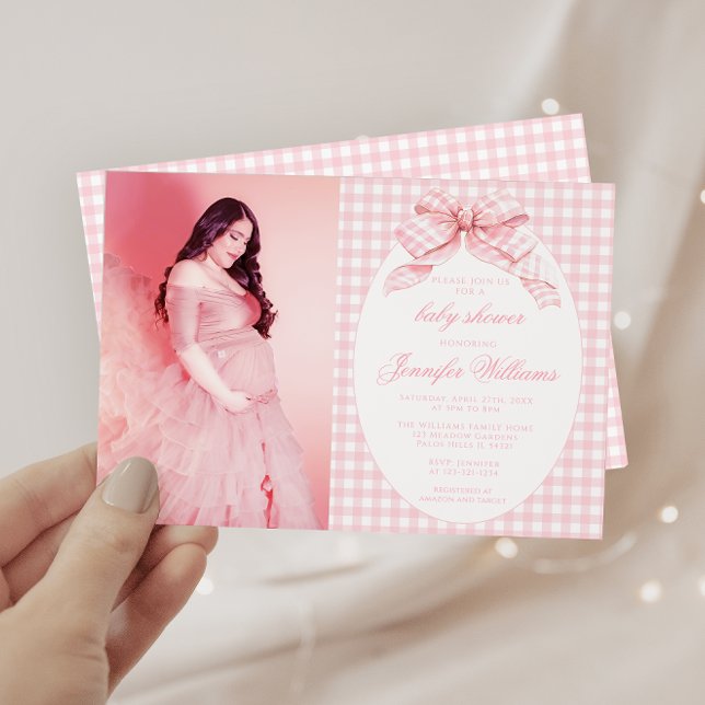 Pink Gingham Coquette Bow Baby Girl Shower Photo Invitation (Creator Uploaded)