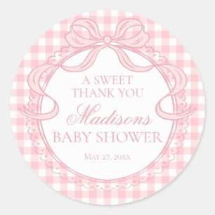 Pink Gingham Coquette Bow Baby Shower Favour Classic Round Sticker