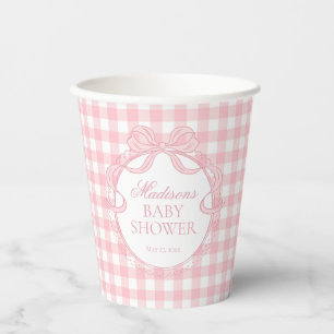 Pink Gingham Coquette Bow Baby Shower Paper Cups