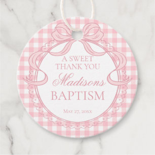 Pink Gingham Coquette Bow Baptism Circle Favour Tags