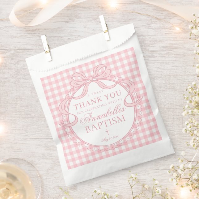 Pink Gingham Coquette Bow Baptism Dessert Favour Bags (Clipped)