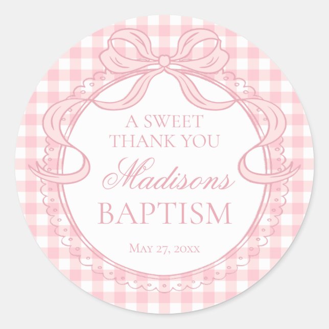Pink Gingham Coquette Bow Baptism Favour Classic Round Sticker (Front)