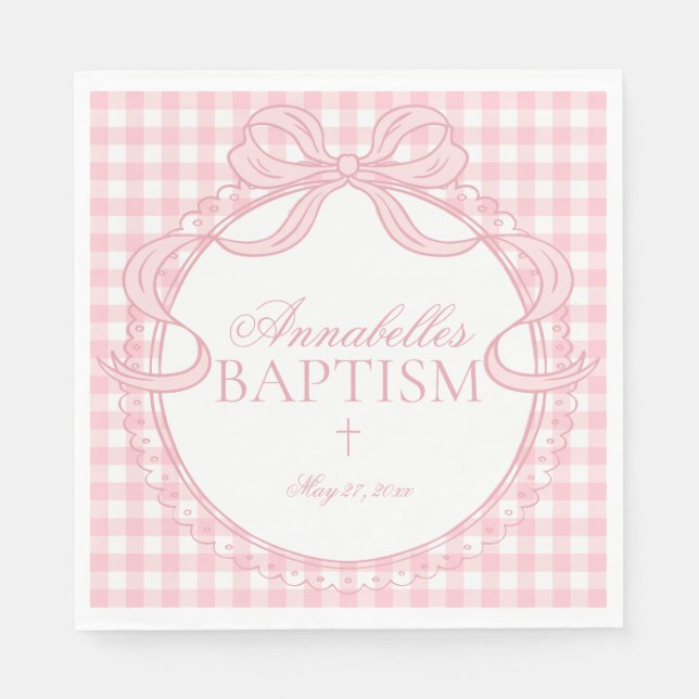 Pink Gingham Coquette Bow Baptism Table Decor Napkin (Front)