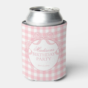 Pink Gingham Coquette Bow Birthday Party Favor Can Cooler