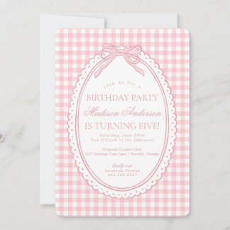 Pink Gingham Coquette Bow Birthday Party Invitation