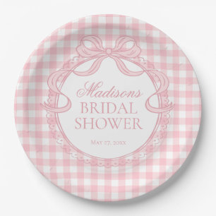 Pink Gingham Coquette Bow Bridal Shower Paper Plate