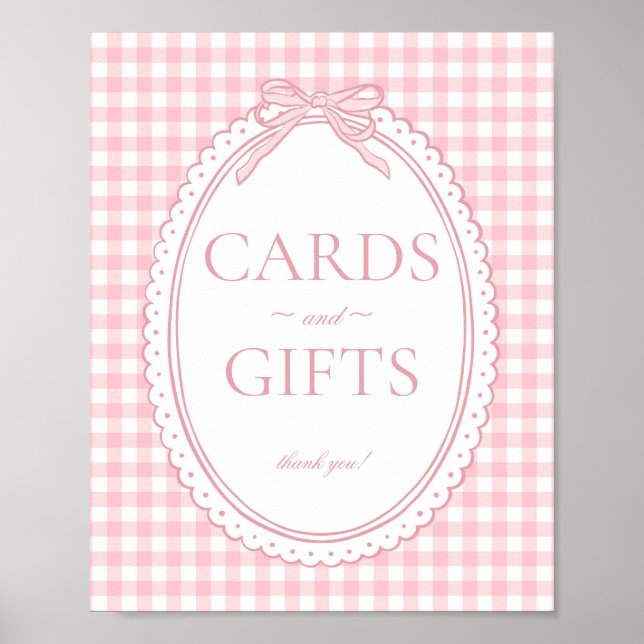 Pink Gingham Coquette Bow Card & Gifts Sign (Front)