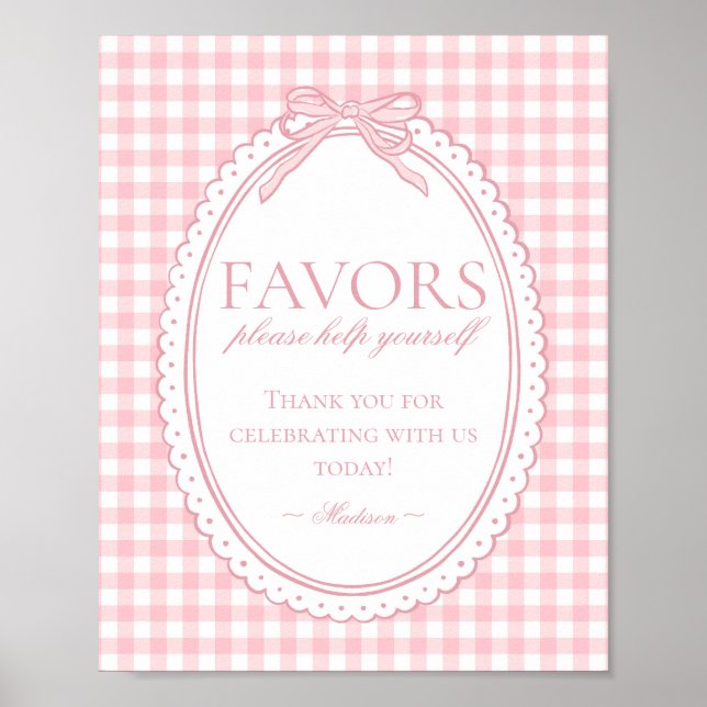Pink Gingham Coquette Bow Favors Sign (Front)
