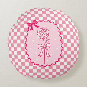 Pink Gingham Coquette Rose Aesthetic Round Cushion