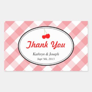 Pink gingham country picnic red cherry wedding rectangular sticker