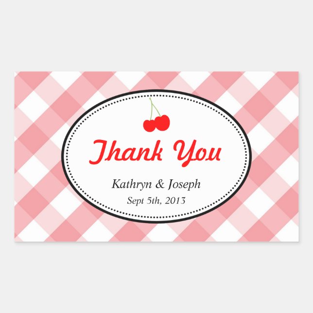 Pink gingham country picnic red cherry wedding rectangular sticker (Front)