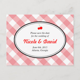 Pink gingham country rustic cherry save the date announcement postcard