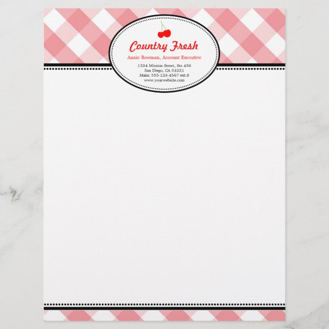 Pink gingham country rustic red cherry personal personalized letterhead (Front)