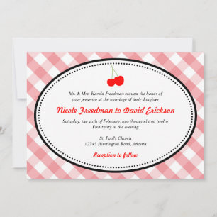 Pink gingham country rustic red cherry wedding invitation