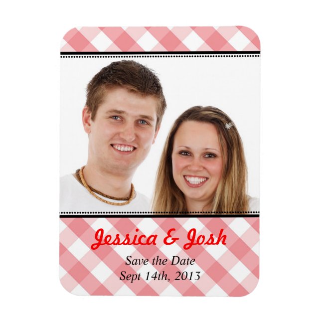 Pink gingham country rustic wedding save the date magnet (Vertical)