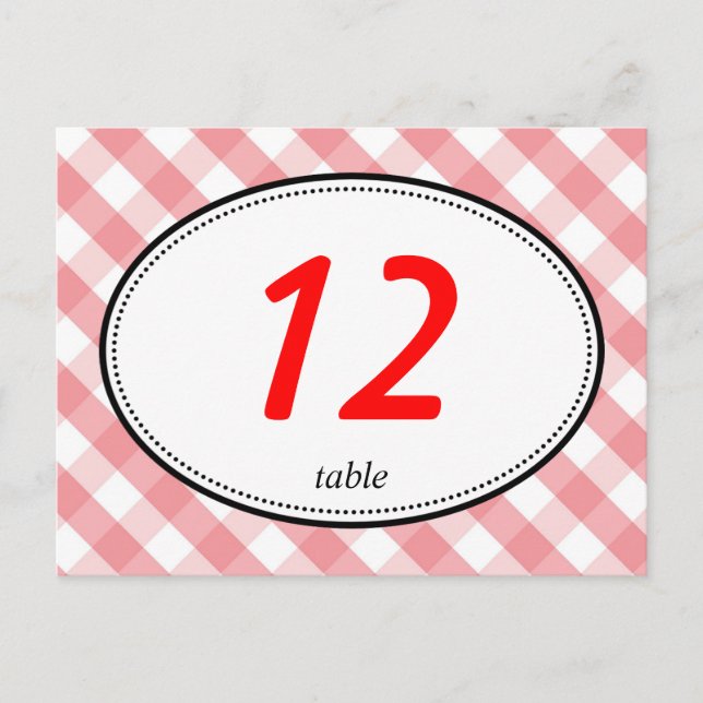 Pink gingham country rustic wedding table number postcard (Front)