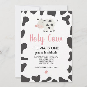 Pink Gingham Cow First Birthday Invitation